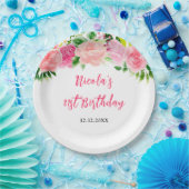 Pink Roses Floral Birthday ペーパープレート (パーティー)