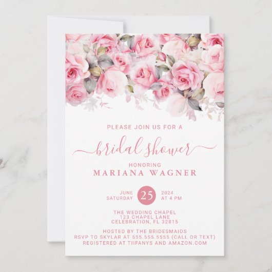 Pink Roses Floral Bridal Shower 招待状 (正面)