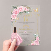 Pink Roses Floral Brunette Girl Gold Sweet Sixteen アクリル招待状 (インサイチュ (ポータブル))