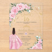 Pink Roses Floral Brunette Girl Gold Sweet Sixteen アクリル招待状 (正面)