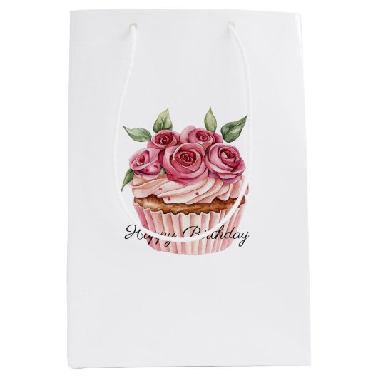Pink Roses Floral Cupcakes Birthday ミディアムペーパーバッグ (正面)