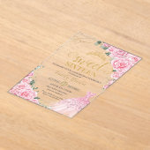 Pink Roses Floral Gold Princess Dress Sweet 16 アクリル招待状 (レイダウン)