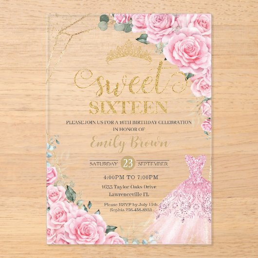 Pink Roses Floral Gold Princess Dress Sweet 16 アクリル招待状 (正面)