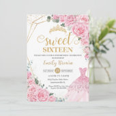 Pink Roses Floral Gold Princess Dress Sweet 16 招待状 (スタンド正面)