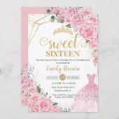 Pink Roses Floral Gold Princess Dress Sweet 16 招待状 (正面/裏面)