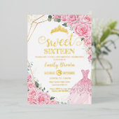 Pink Roses Floral Gold Princess Dress Sweet 16  箔招待状 (立ち正面)