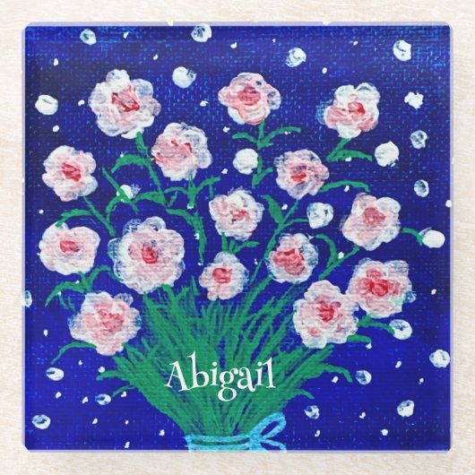 Pink Roses Floral Personalized Coaster ガラスコースター (正面)