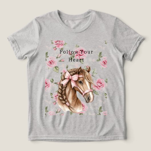 Pink Roses Floral Pretty Horse Pink Bow トライブレンドＴシャツ (デザイン正面)