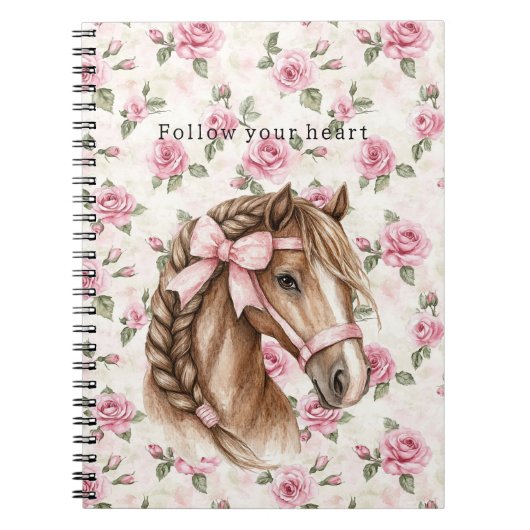 Pink Roses Floral Pretty Horse Pink Bow ノートブック (正面)