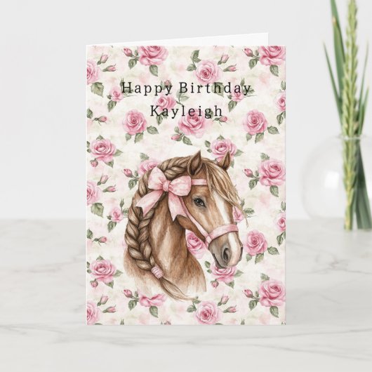 Pink Roses Floral Pretty Horse Pink Bow Birthday カード (正面)