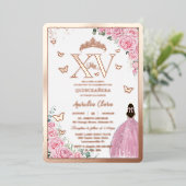 Pink Roses Floral Quinceanera Mis XV Rose Gold 箔招待状 (立ち正面)