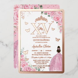 Pink Roses Floral Quinceanera Mis XV Rose Gold 箔招待状