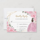 Pink Roses Floral Quinceanera Princess Dress Reply 出欠カード (正面)