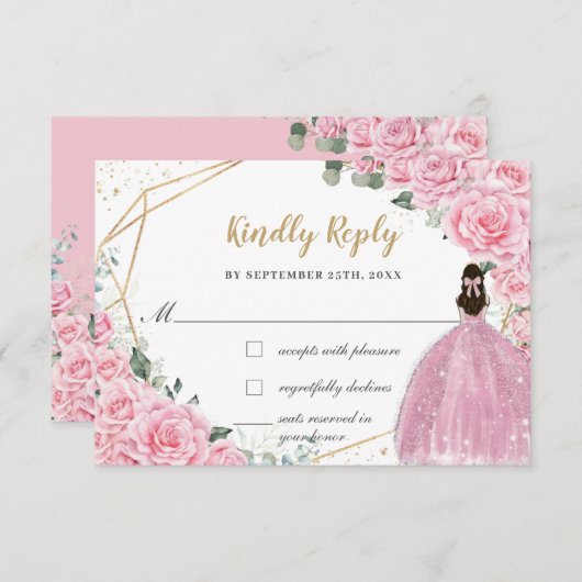 Pink Roses Floral Quinceanera Princess Dress Reply 出欠カード (正面/裏面)