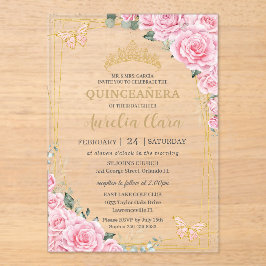 Pink Roses Floral Quinceanera Sweet 16 Butterflies アクリル招待状