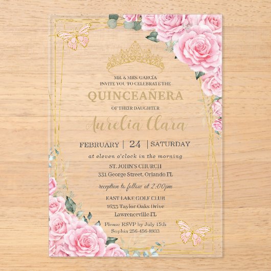 Pink Roses Floral Quinceanera Sweet 16 Butterflies アクリル招待状 (正面)