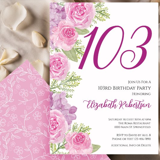 Pink Roses Floral Template 103rd Birthday 招待状