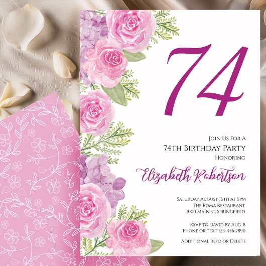 Pink Roses Floral Template 74th Birthday 招待状
