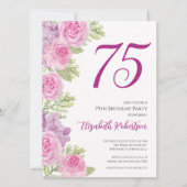 Pink Roses Floral Template 75th Birthday 招待状 (正面)