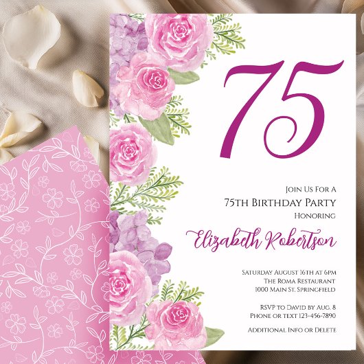 Pink Roses Floral Template 75th Birthday 招待状