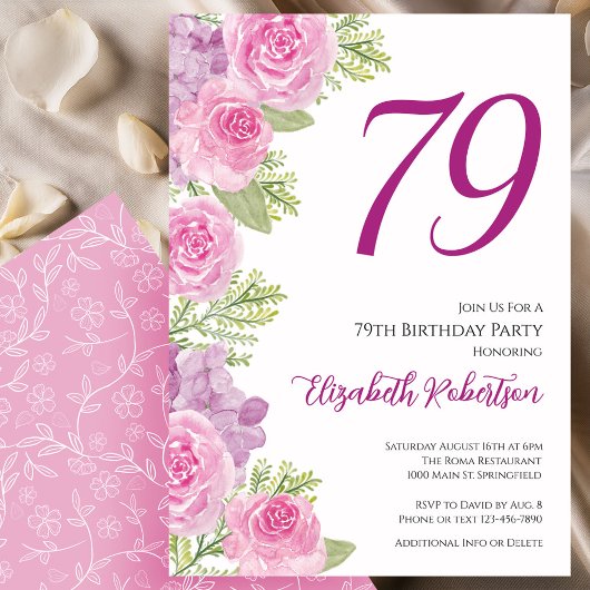 Pink Roses Floral Template 79th Birthday 招待状