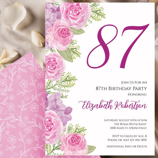 Pink Roses Floral Template 87th Birthday 招待状