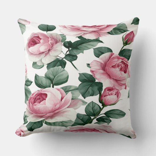 Pink Roses Floral Throw Pillow クッション (正面)