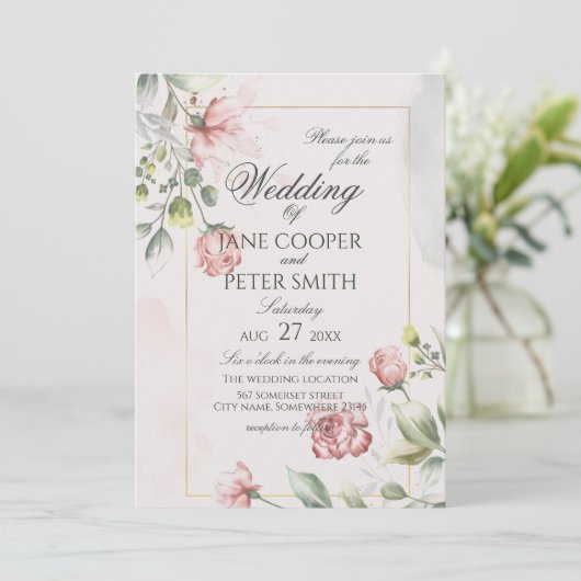 Pink Roses floral Wedding Invitation 招待状 (スタンド正面)