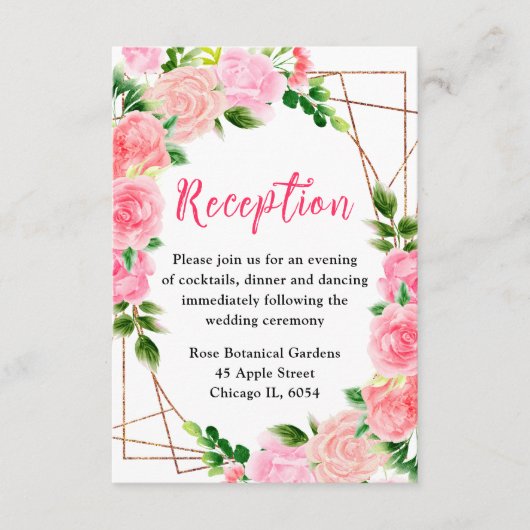 Pink Roses Floral Wedding Reception エンクロージャーカード (正面)