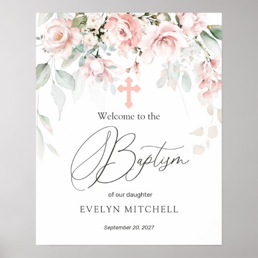 Pink Roses Foliage Cross Baptism Welcome Sign ポスター (正面)