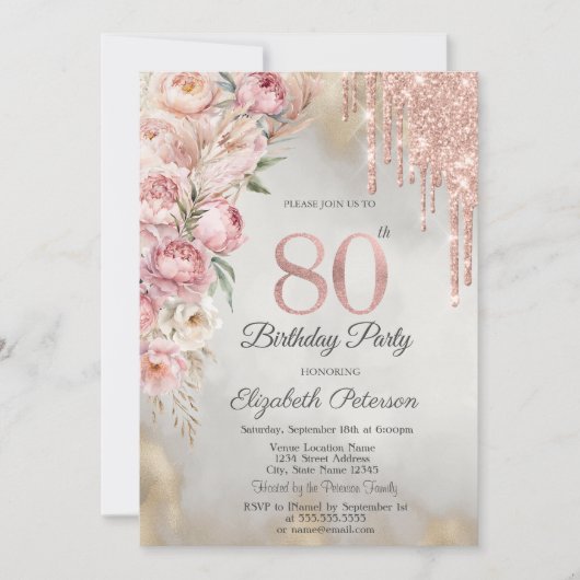 Pink Roses Glitter Drips Gold 80th Birthday   招待状 (正面)