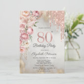 Pink Roses Glitter Drips Gold 80th Birthday   招待状 (スタンド正面)