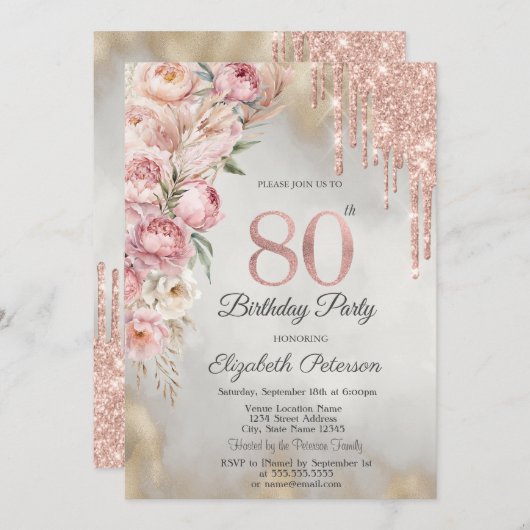 Pink Roses Glitter Drips Gold 80th Birthday   招待状 (正面/裏面)