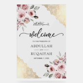 Pink Roses Gold Lace Muslim Wedding Welcome アクリルサイン (正面)