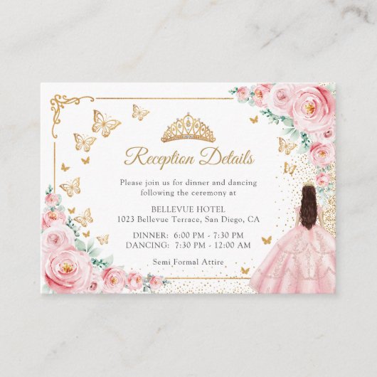 Pink Roses Gold Quinceanera Reception Details エンクロージャーカード (正面)