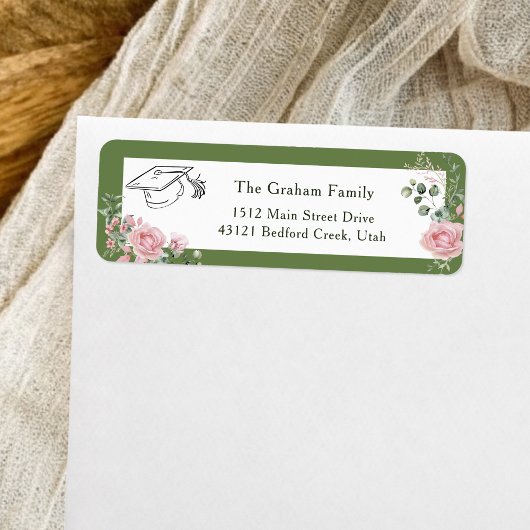 Pink Roses Graduate Cap Graduation Return Address ラベル