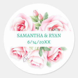 Pink Roses & Green Foliage Wedding Personalized ラウンドシール