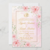 Pink Roses, Green Leaf Gold Islamic Muslim Wedding 招待状 (正面)