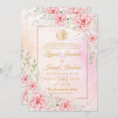 Pink Roses, Green Leaf Gold Islamic Muslim Wedding 招待状 (正面/裏面)