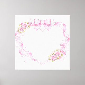 Pink Roses Heart Frame Bow Ribbon Floral Border キャンバスプリント
