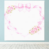 Pink Roses Heart Frame Bow Ribbon Floral Border キャンバスプリント (インサイチュ (ウッドフロア))
