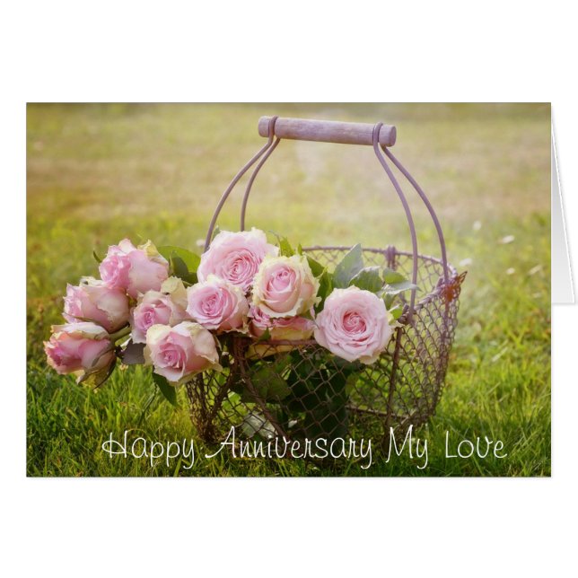 Pink Roses i a Basket, エレガントAnniversary Card (正面横)