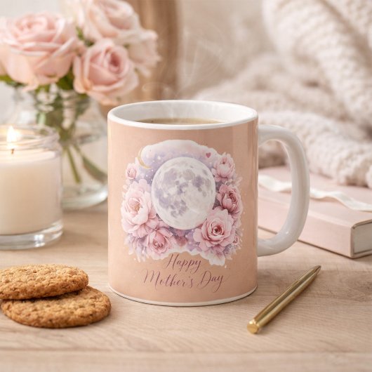 Pink Roses Moon Mug, Mother's Day Gift Dusty Rose  コーヒーマグカップ
