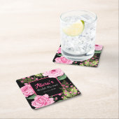 Pink Roses on Black Bridal Shower スクエアペーパーコースター (インサイチュ)