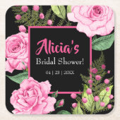 Pink Roses on Black Bridal Shower スクエアペーパーコースター (正面)