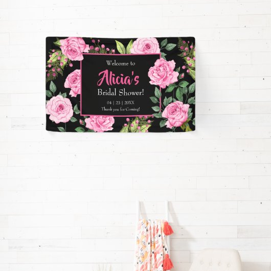 Pink Roses on Black Bridal Shower 横断幕 (インサイチュ)