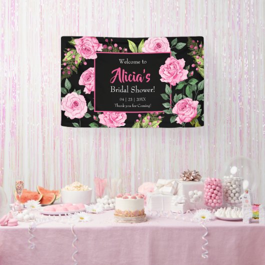 Pink Roses on Black Bridal Shower 横断幕 (パーティー)
