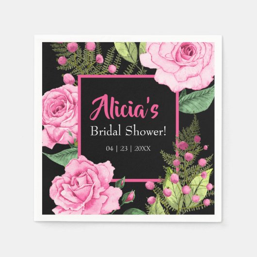 Pink Roses on Black Bridal Shower Napkins スタンダードカクテルナプキン (正面)