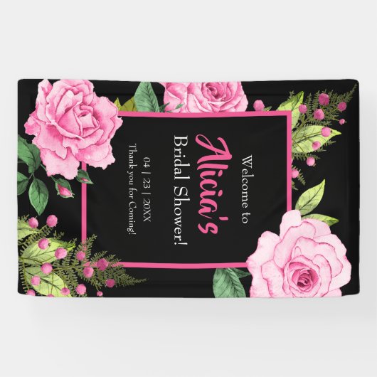 Pink Roses on Black Bridal Shower Vertical 横断幕 (横)