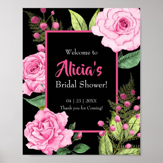 Pink Roses on Black Bridal Shower Welcome ポスター (正面)